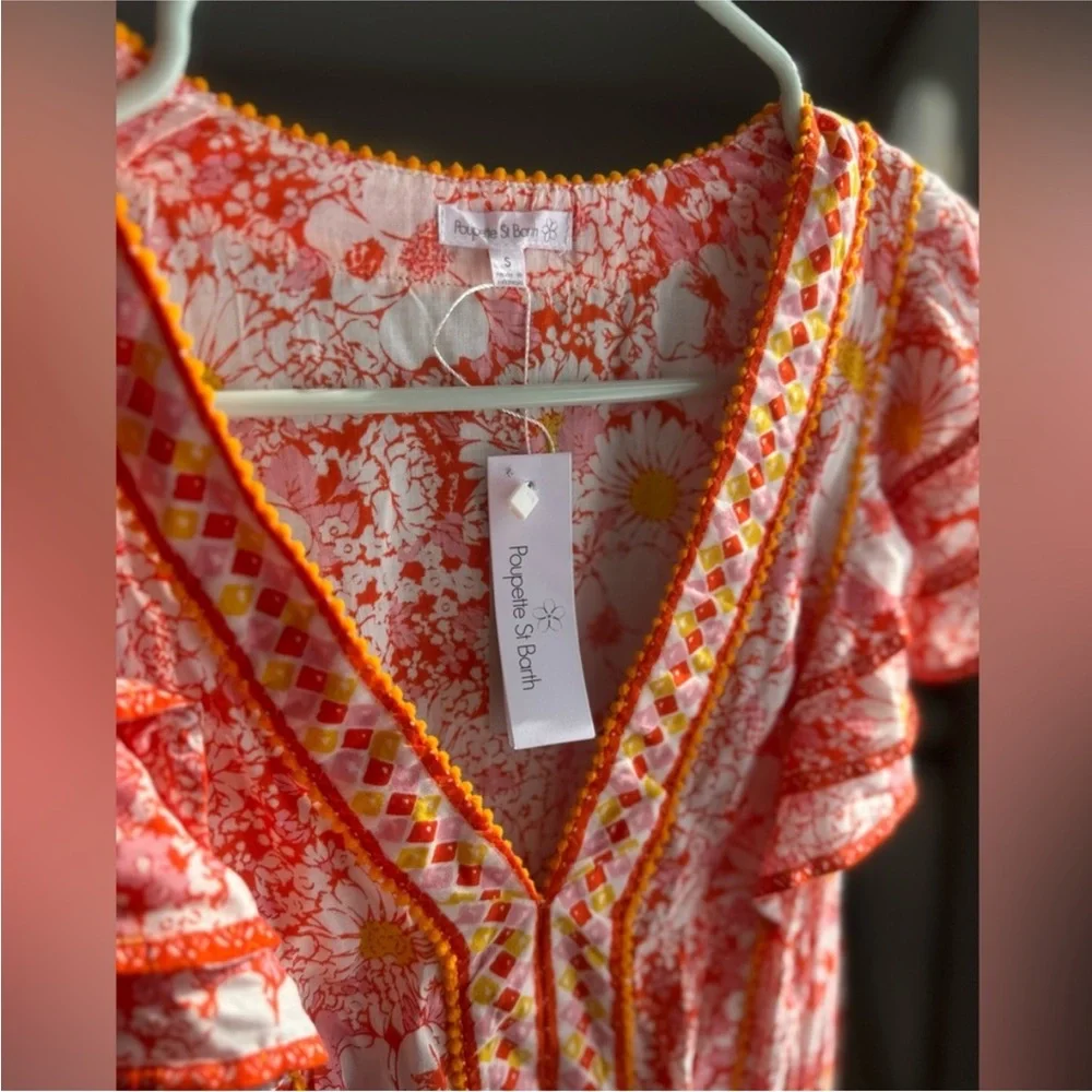 NWT Poupette St Barth Floral Boho Resort Mini Dress Pink Orange Camila - Picture 4 of 8